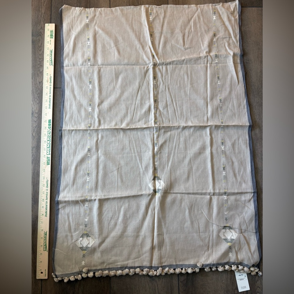 Eileen Fisher NWT Beige and Gray Cotton Scarf with Embroidered Accents - Picture 9 of 9
